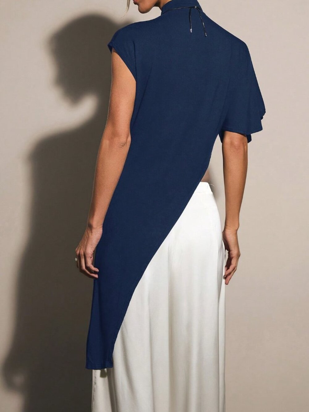 Navy Blue Casual Women's Stand Collar Asymmetrical Hem Top - Picture 2 of 5